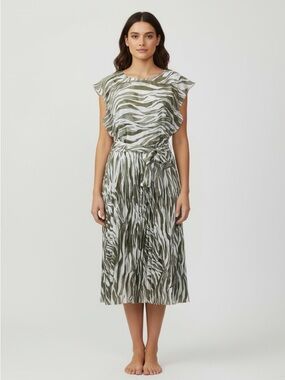 Nine West Women’s Size L Short Cap Sleeve Tie Waist Zebra Print Midi Dress